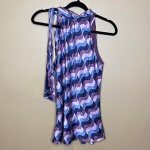 Luxurious 100% Silk INC. Groovy Purple & Blue Pattern Sleeveless Women's Blouse